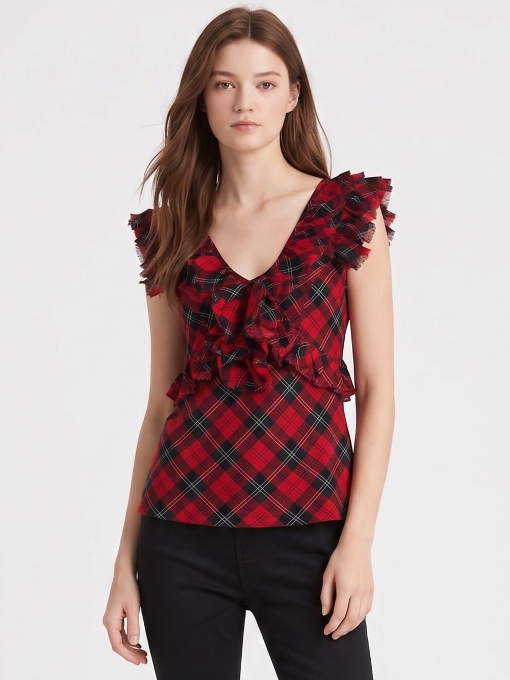 Vintage Ralph Lauren Denim & Supply Y2K Whimsygoth Red Plaid Ruffle V-Neck Top.
